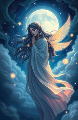 A vibrant and mystical digital painting inspired by the theme of "Maaherooh" by Arushi Wadhwa, featuring a celestial figure in flowing, luminous robes surrounded by swirling clouds and twinkling stars