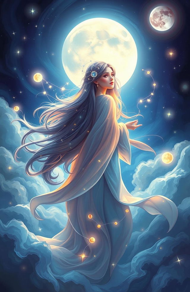 A vibrant and mystical digital painting inspired by the theme of "Maaherooh" by Arushi Wadhwa, featuring a celestial figure in flowing, luminous robes surrounded by swirling clouds and twinkling stars