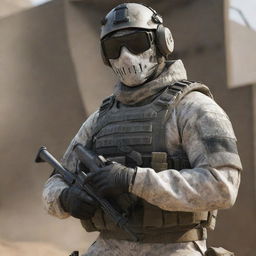 A detailed image of Ghost from Call of Duty wearing tactical gear, mask, and sunglasses in a combat ready pose.