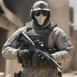 A detailed image of Ghost from Call of Duty wearing tactical gear, mask, and sunglasses in a combat ready pose.