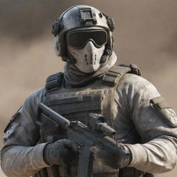 A detailed image of Ghost from Call of Duty wearing tactical gear, mask, and sunglasses in a combat ready pose.