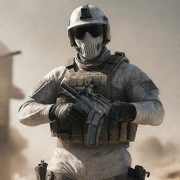 A detailed image of Ghost from Call of Duty wearing tactical gear, mask, and sunglasses in a combat ready pose.