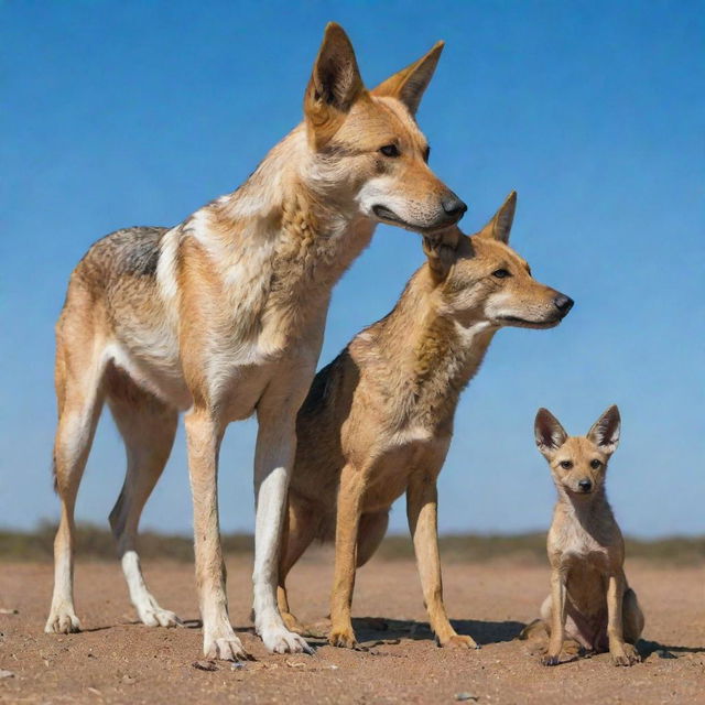 A yellow dog standing beside a jackal under a clear blue sky, symbolising brotherhood