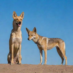 A yellow dog standing beside a jackal under a clear blue sky, symbolising brotherhood