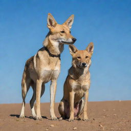 A yellow dog standing beside a jackal under a clear blue sky, symbolising brotherhood