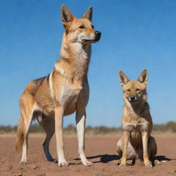 A yellow dog standing beside a jackal under a clear blue sky, symbolising brotherhood