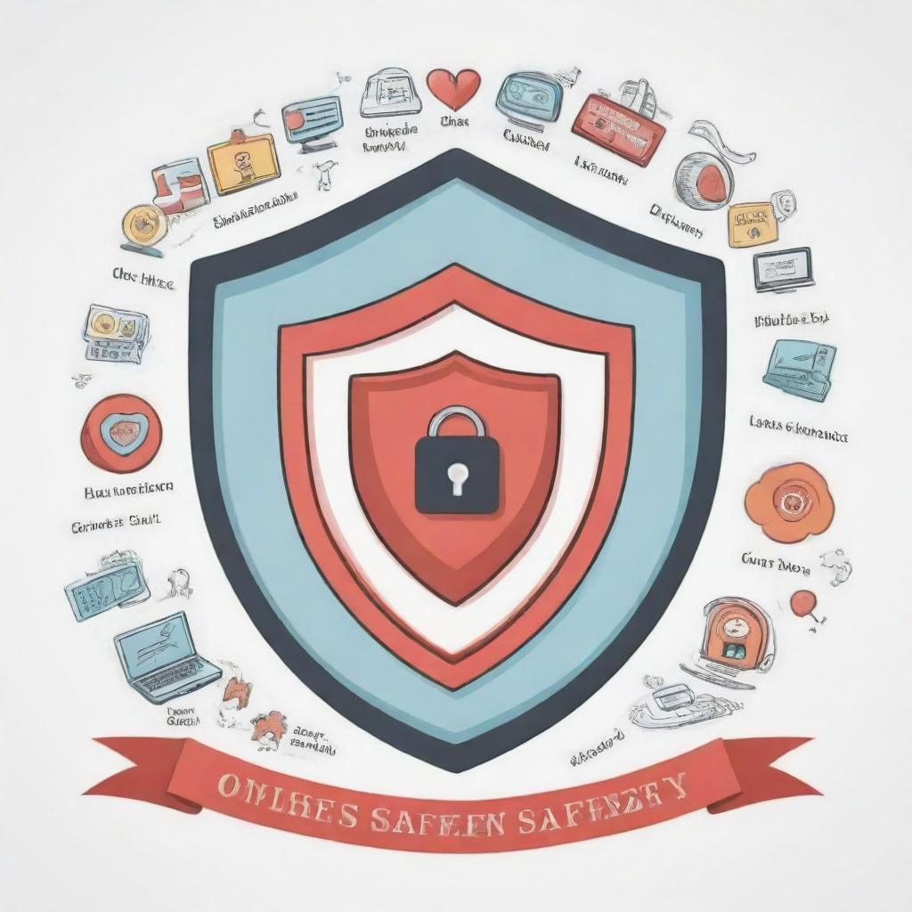 A creative and educational drawing illustrating the importance of online safety. Incorporate symbols of Internet, lock, shield and a strong slogan about online safety.