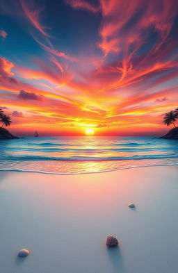A digital artwork depicting a majestic sunset over a tranquil beach