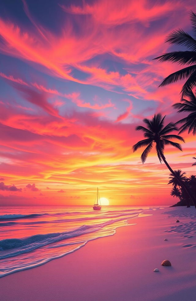 A digital artwork depicting a majestic sunset over a tranquil beach