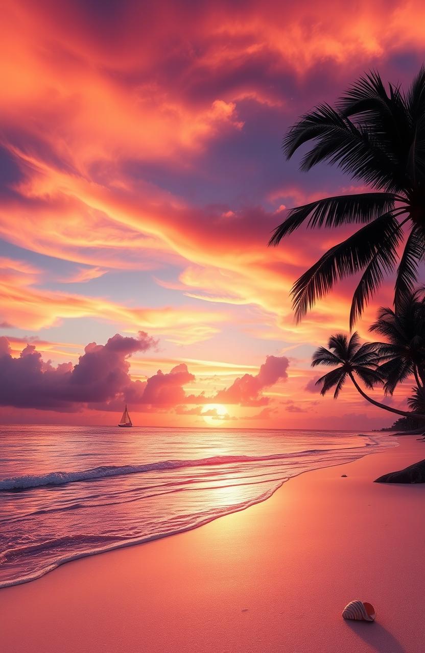 A digital artwork depicting a majestic sunset over a tranquil beach