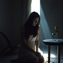 A young woman sitting alone in a dimly lit room, looking contemplative and heartbroken