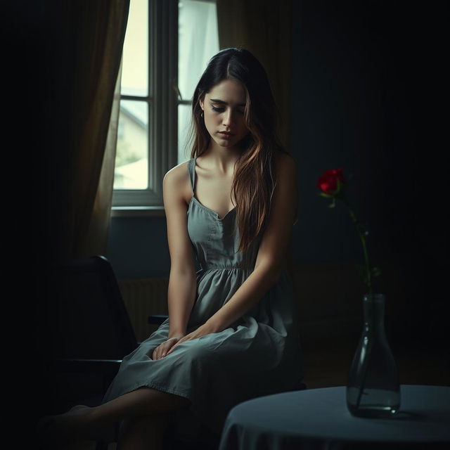 A young woman sitting alone in a dimly lit room, looking contemplative and heartbroken