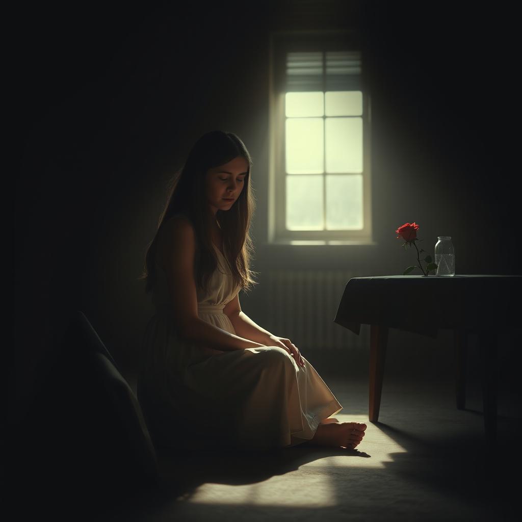 A young woman sitting alone in a dimly lit room, looking contemplative and heartbroken