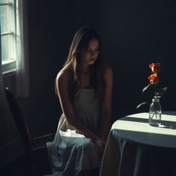 A young woman sitting alone in a dimly lit room, looking contemplative and heartbroken