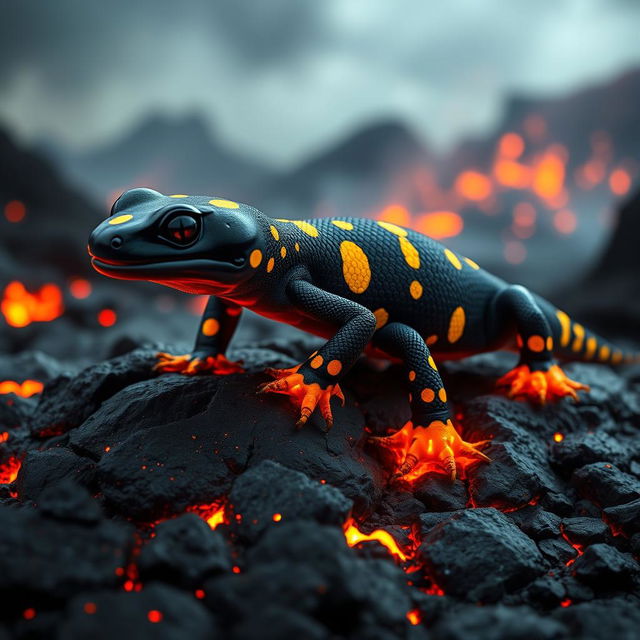 A captivating black fire salamander with striking yellow spots, featuring flaming feet that glow with a vibrant orange and red hue