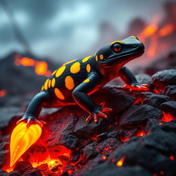A captivating black fire salamander with striking yellow spots, featuring flaming feet that glow with a vibrant orange and red hue