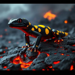 A captivating black fire salamander with striking yellow spots, featuring flaming feet that glow with a vibrant orange and red hue