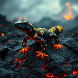 A captivating black fire salamander with striking yellow spots, featuring flaming feet that glow with a vibrant orange and red hue
