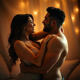 A sensual and intimate moment, capturing the beauty of a romantic couple in a softly lit environment