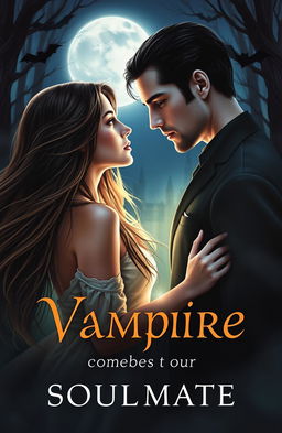 A captivating book cover featuring a young woman with long flowing hair, gazing dreamily at a handsome vampire with striking features and piercing eyes