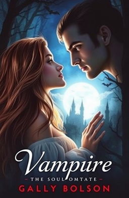 A captivating book cover featuring a young woman with long flowing hair, gazing dreamily at a handsome vampire with striking features and piercing eyes