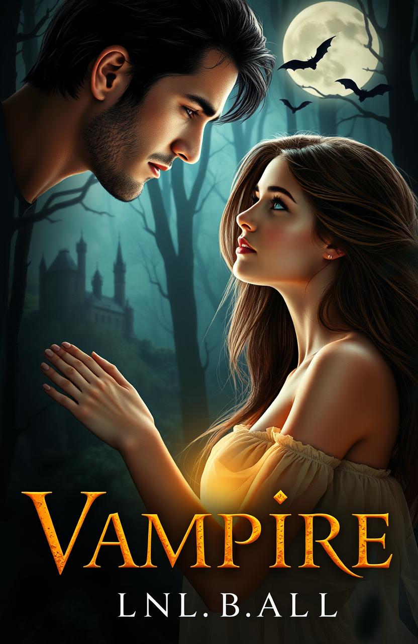 A captivating book cover featuring a young woman with long flowing hair, gazing dreamily at a handsome vampire with striking features and piercing eyes