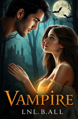 A captivating book cover featuring a young woman with long flowing hair, gazing dreamily at a handsome vampire with striking features and piercing eyes