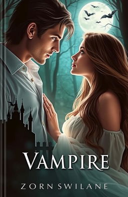 A captivating book cover featuring a young woman with long flowing hair, gazing dreamily at a handsome vampire with striking features and piercing eyes