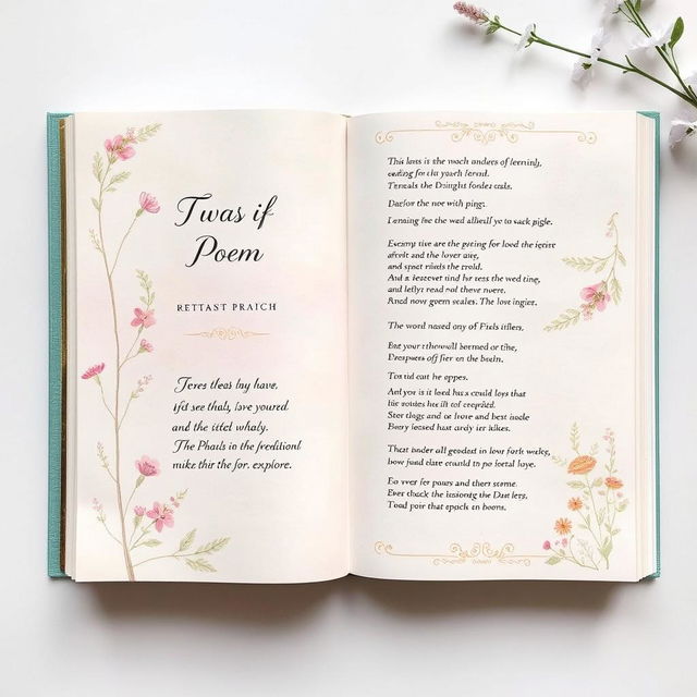 A beautifully designed collection of poems, featuring a serene cover with soft pastel colors, delicate floral illustrations, and elegant typography