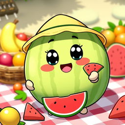 A cute, kawaii-style watermelon character named Water-Meloone