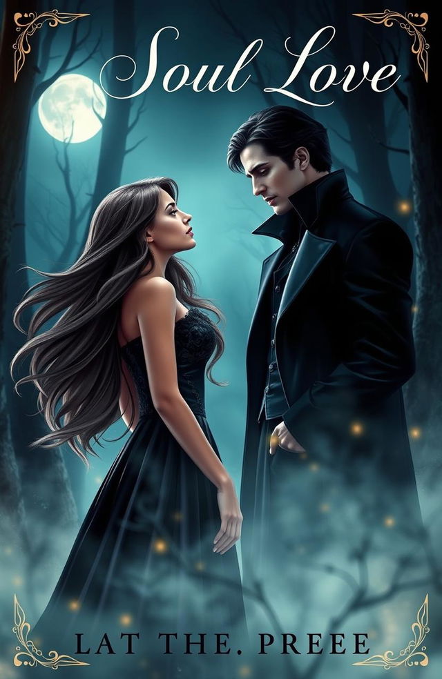 A captivating book cover featuring a beautiful young woman with long flowing hair, dressed in an elegant gothic-style dress, standing in a misty moonlit forest