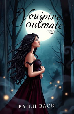 A captivating book cover featuring a beautiful young woman with long flowing hair, dressed in an elegant gothic-style dress, standing in a misty moonlit forest