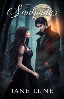 A captivating book cover featuring a beautiful young woman with long flowing hair, dressed in an elegant gothic-style dress, standing in a misty moonlit forest