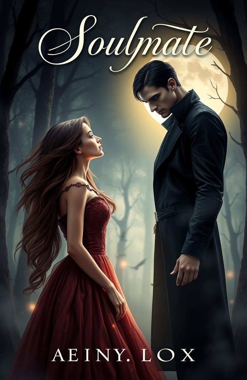 A captivating book cover featuring a beautiful young woman with long flowing hair, dressed in an elegant gothic-style dress, standing in a misty moonlit forest