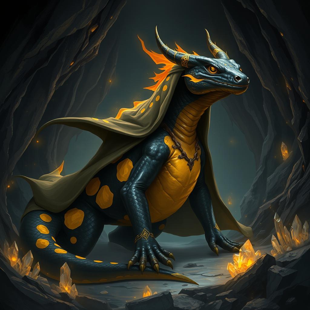 A majestic black fire salamander with striking yellow spots, clad in a flowing cloak that billows dramatically around its massive form