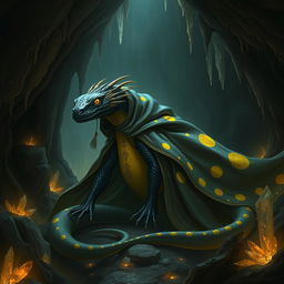 A majestic black fire salamander with striking yellow spots, clad in a flowing cloak that billows dramatically around its massive form