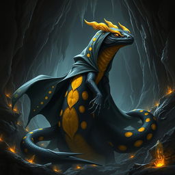 A majestic black fire salamander with striking yellow spots, clad in a flowing cloak that billows dramatically around its massive form