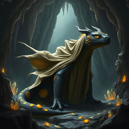 A majestic black fire salamander with striking yellow spots, clad in a flowing cloak that billows dramatically around its massive form