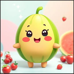A kawaii watermelon character named Water-Meloone, featuring a cute and smiling face, bright green rind, and vibrant pink inner flesh