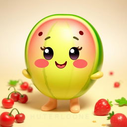 A kawaii watermelon character named Water-Meloone, featuring a cute and smiling face, bright green rind, and vibrant pink inner flesh