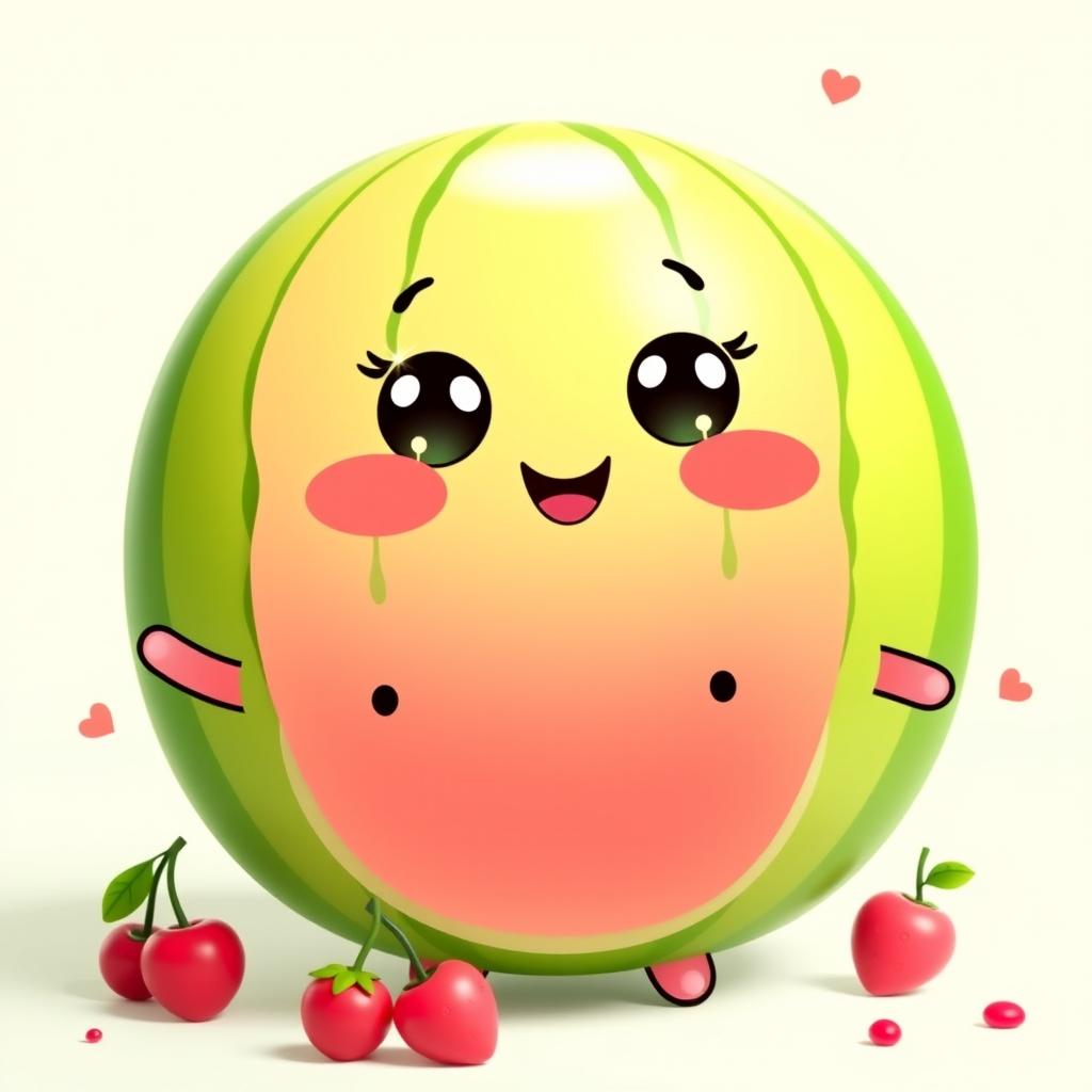 A kawaii watermelon character named Water-Meloone, featuring a cute and smiling face, bright green rind, and vibrant pink inner flesh