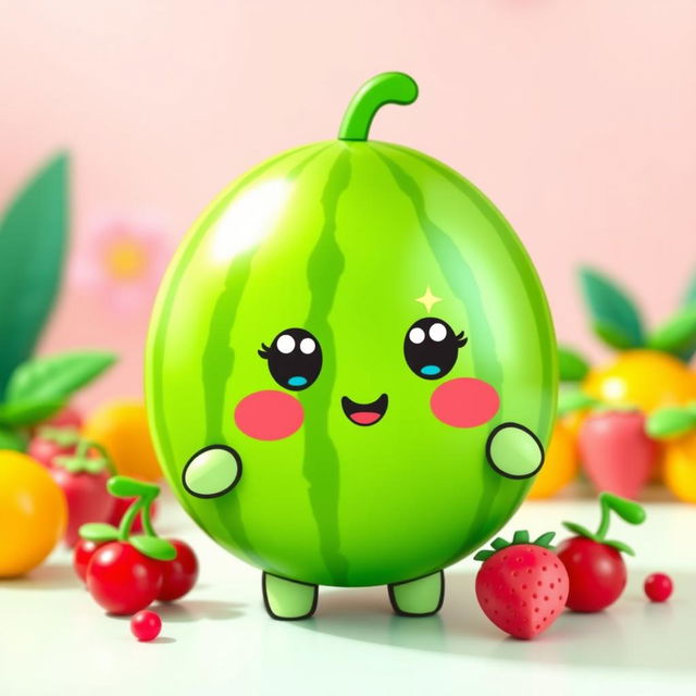 A kawaii watermelon character named Water-Meloone, featuring a cute and smiling face, bright green rind, and vibrant pink inner flesh