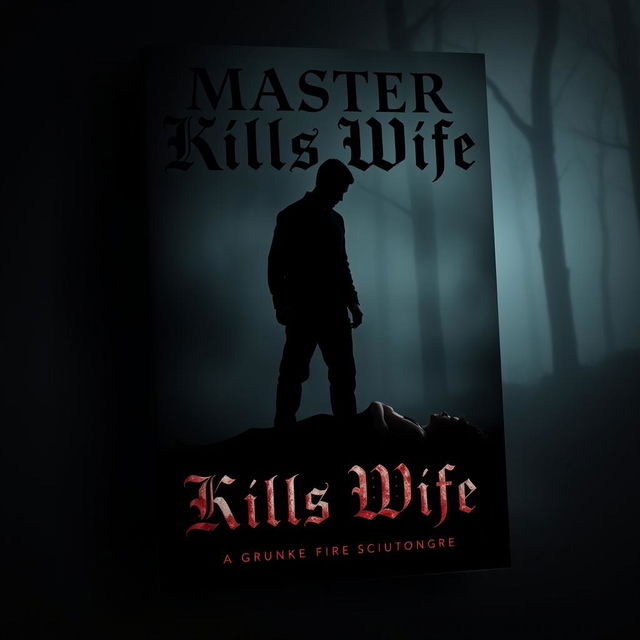 A dark and moody book cover design featuring a silhouette of a man standing over a lifeless figure of a woman, surrounded by shadows