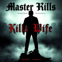 A dark and moody book cover design featuring a silhouette of a man standing over a lifeless figure of a woman, surrounded by shadows