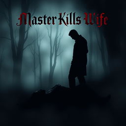A dark and moody book cover design featuring a silhouette of a man standing over a lifeless figure of a woman, surrounded by shadows