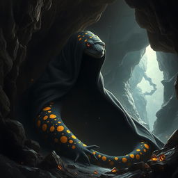 A massive black fire salamander with vivid yellow spots, resembling a serpent, is shrouded in a flowing cloak that obscures its face, adding an air of mystery