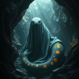 A massive black fire salamander with vivid yellow spots, resembling a serpent, is shrouded in a flowing cloak that obscures its face, adding an air of mystery