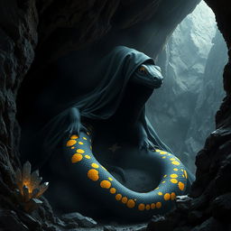 A massive black fire salamander with vivid yellow spots, resembling a serpent, is shrouded in a flowing cloak that obscures its face, adding an air of mystery