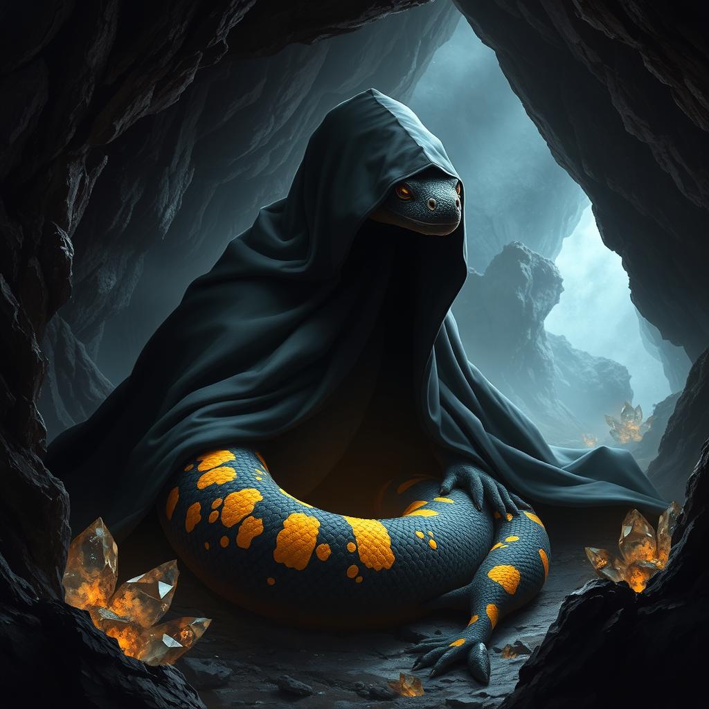 A massive black fire salamander with vivid yellow spots, resembling a serpent, is shrouded in a flowing cloak that obscures its face, adding an air of mystery