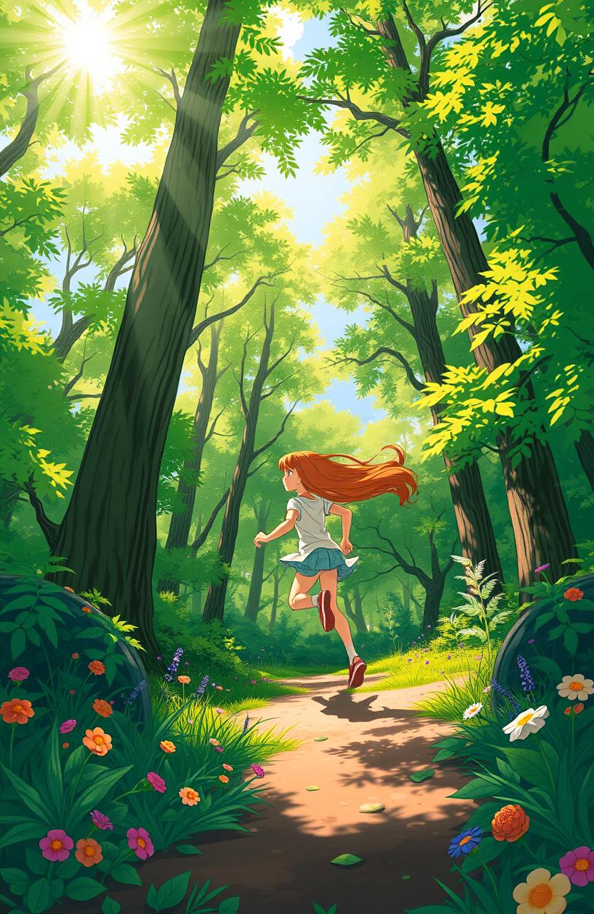 A vibrant book cover featuring a girl running through a lush, green forest